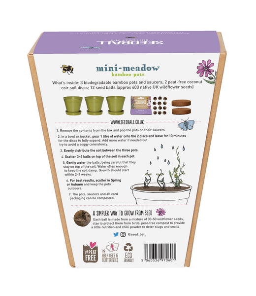Seedball min meadow bamboo pots x3