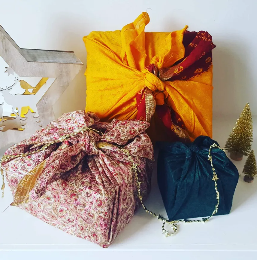 Naturally Evergreen Recycled Sari Reusable Gift Wrap x3