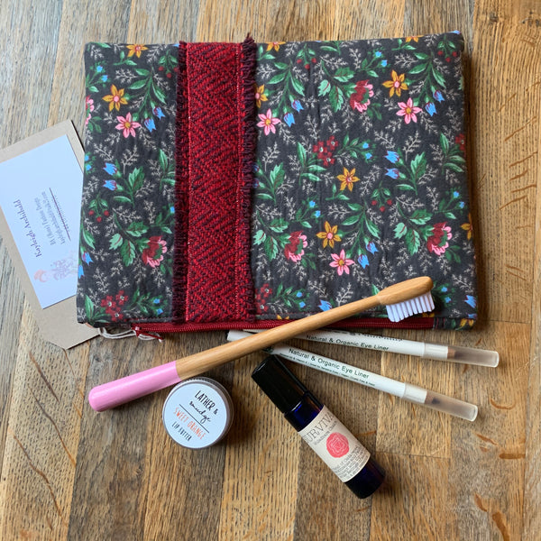 Hand sewn cosmetics and toiletry clutch bag