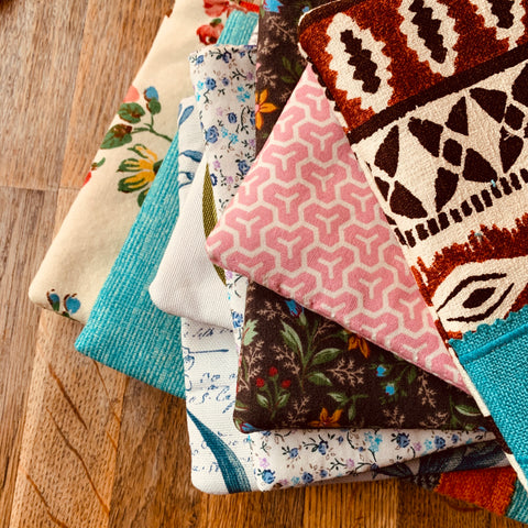 Hand sewn cosmetics and toiletry clutch bag